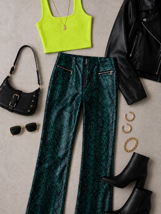 Tiger Mist Pants - Tiger Mist Teal and Black Snake Print Faux Leather Pants